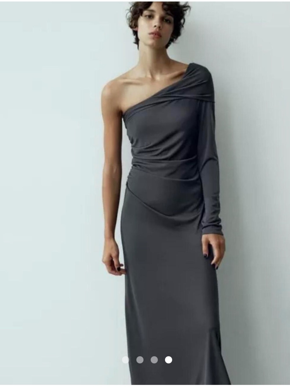Zara Slate One-Shoulder Long-Sleeve Evening Dress